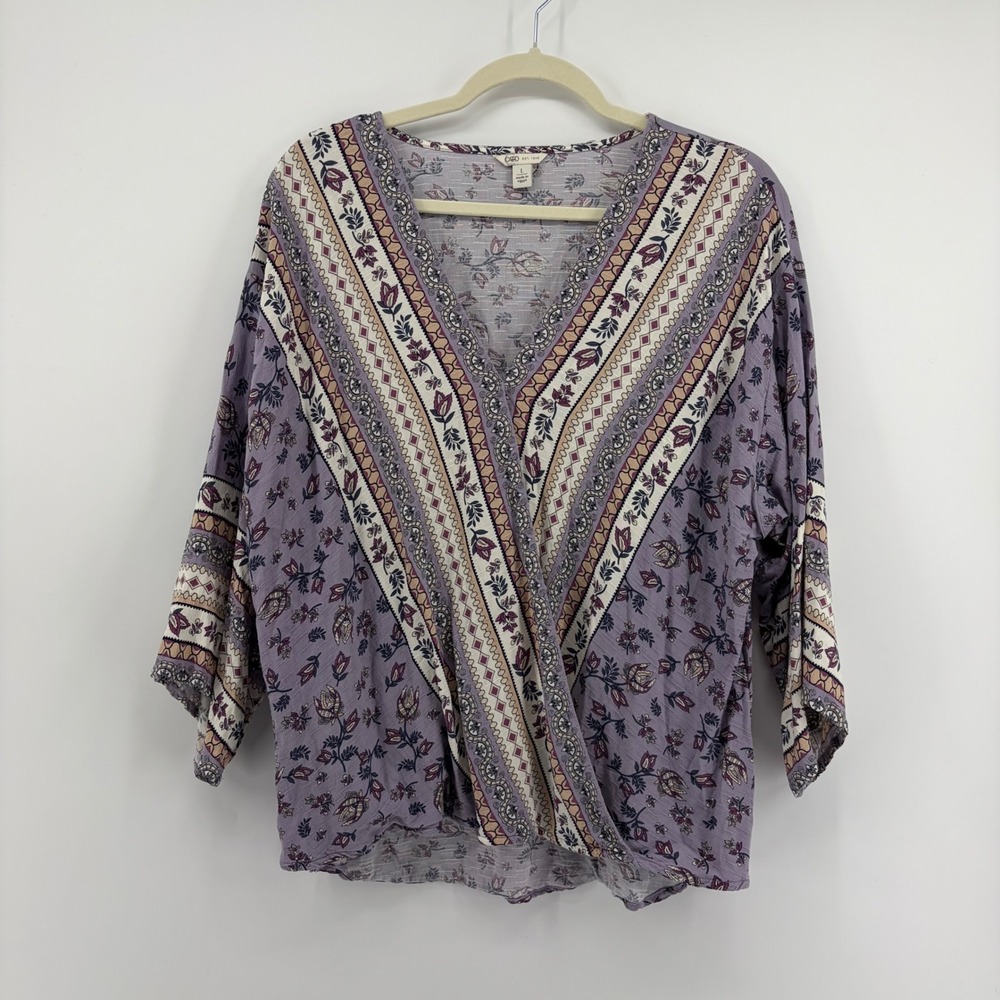 Cato Womens Large Purple Floral Surplice Top 3/4 Sleeve Boho Wrap Front Blouse